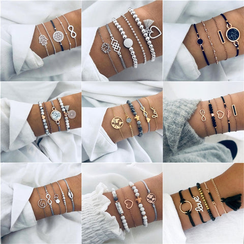 NEWBUY 23 Style Mix Turtle Heart Pearl Wave LOVE Crystal Marble Charm Bracelets for Women Boho Tassel Bracelet Femme Bijoux